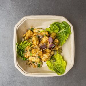 HAKKA CHILLI PANEER LETTUCE CUPS - cottage cheese, shallots, soy sauce, white + black pepper (Gluten Free option available)